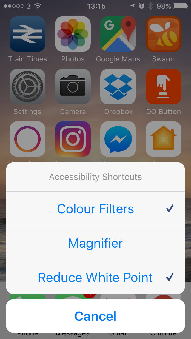 Accessibility shortcut menu after triple-clicking the home button